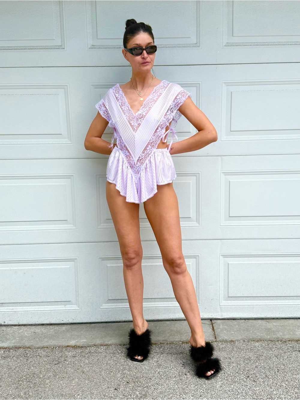 80s Lavender Bodysuit Snap Lace Trim V-Neck Chemise Balletcore Boudoir Romper